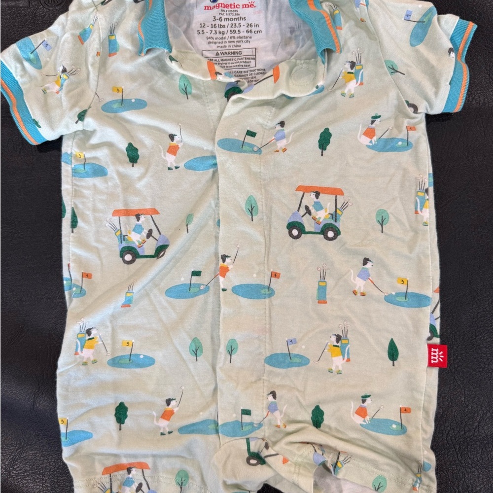 Magnetic Me Golf Cart Print Bodysuit - Cream and Blue bamboo